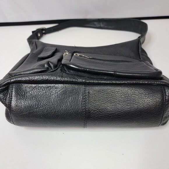 Genuine Leather Black Shoulder Bag | Multi Pocket Crossbody Purse - Picture 12 of 15